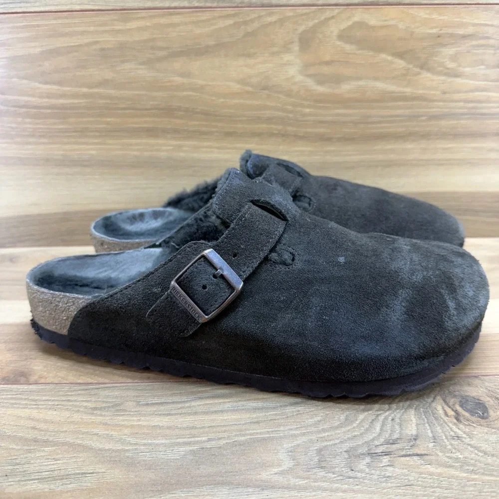 Birkenstock Boston Clogs Fur Lined Mens 10 EU 43 Dark Brown Suede Slip On